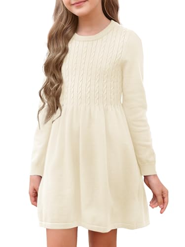 Haloumoning Mädchen Pulloverkleid Langarm Strickkleid mit Zopfmuster A-Linie Freizeitkleid Herbst Elegant Partykleid Winterkleider, Beige, 4-6 Jahre von Haloumoning