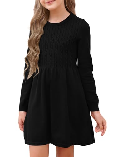 Haloumoning Mädchen Pulloverkleid Langarm Strickkleid mit Zopfmuster A-Linie Freizeitkleid Herbst Elegant Partykleid Winterkleider, Schwarz, 10-12 Jahre von Haloumoning