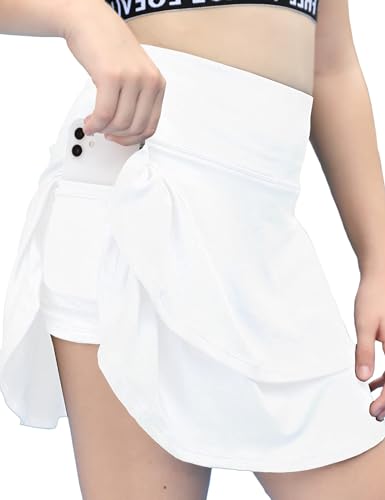 Haloumoning Mädchen Rock Sommer Tennisrock für Kinder Faltenrock Sport Skater Skorts Röcke A-Linie Geschichtet Rüsche Golfrock mit Taschen Weiß 6-7 Jahre von Haloumoning