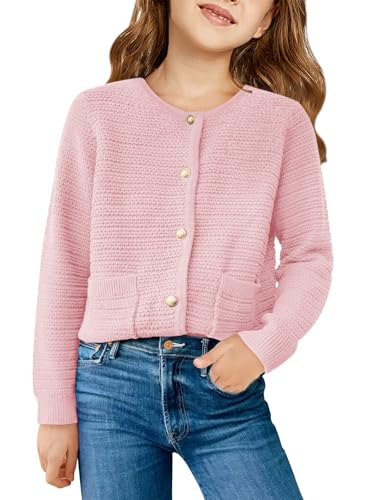 Haloumoning Mädchen Rundhals Cardigan Langarm Strickjacke Pullover Kinder Mode Leichter Strickpullover, Rosa, 13-14 Jahre von Haloumoning