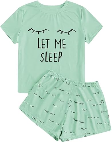 Haloumoning Mädchen Schlafanzüge Sommer Niedliche Shorts Set Bequem Kurzarm Cartoon bedrucktes Pyjama Set T-Shirt und Kurze Hose Set, Hellgrün, 4-6 Jahre von Haloumoning