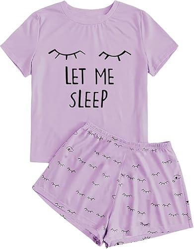 Haloumoning Mädchen Schlafanzüge Sommer Niedliche Shorts Set Bequem Kurzarm Cartoon bedrucktes Pyjama Set T-Shirt und Kurze Hose Set, Lila, 4-6 Jahre von Haloumoning
