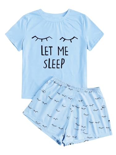 Haloumoning Mädchen Sommer Niedliche Shorts Set Bequem Kurzarm Cartoon bedrucktes Pyjama Set T-Shirt und Kurze Hose Set, Blau, 10-12 Jahre von Haloumoning