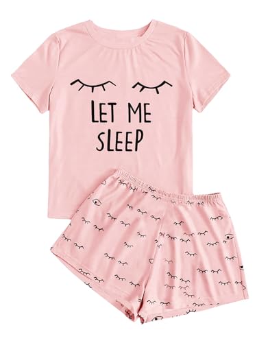 Haloumoning Mädchen Sommer Niedliche Shorts Set Bequem Kurzarm Cartoon bedrucktes Pyjama Set T-Shirt und Kurze Hose Set, Rosa, 10-12 Jahre von Haloumoning