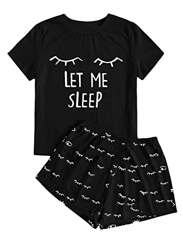 Haloumoning Mädchen Schlafanzüge Sommer Niedliche Shorts Set Bequem Kurzarm Cartoon bedrucktes Pyjama Set T-Shirt und Kurze Hose Set, Schwarz, 6-8 Jahre von Haloumoning