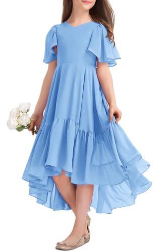 Haloumoning Mädchen Sommerkleid V-Ausschnitt Rüschenkleider Casual A Line Kleid Flowy Hoch Niedrig Lang Partykleid Elegant Langes Abendkleid Blau 130 von Haloumoning