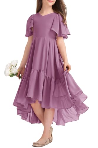 Haloumoning Mädchen Sommerkleid V-Ausschnitt Rüschenkleider Casual A Line Kleid Flowy Hoch Niedrig Lang Partykleid Elegant Langes Abendkleid Lila 140 von Haloumoning