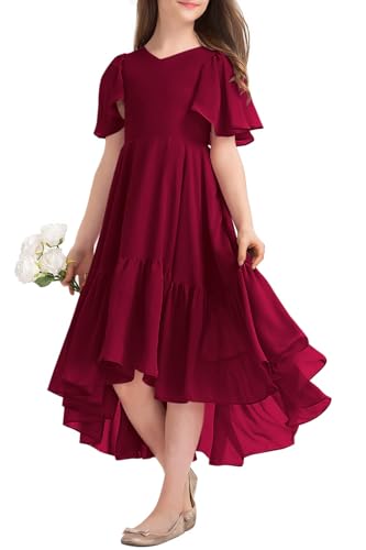 Haloumoning Mädchen Sommerkleid V-Ausschnitt Rüschenkleider Casual A Line Kleid Flowy Hoch Niedrig Lang Partykleid Elegant Langes Abendkleid Rot 150 von Haloumoning