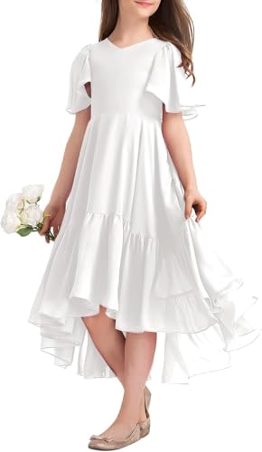 Haloumoning Mädchen Sommerkleid V-Ausschnitt Rüschenkleider Casual A Line Kleid Flowy Hoch Niedrig Lang Partykleid Elegant Langes Abendkleid Weiß 160 von Haloumoning