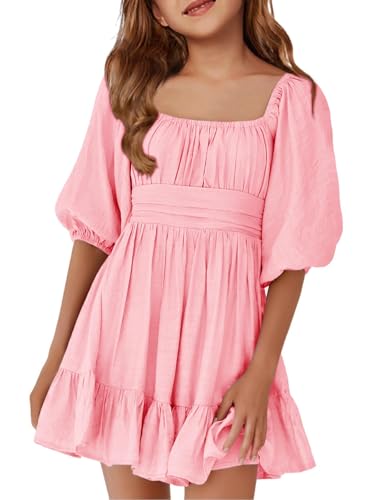 Haloumoning Mädchen Sommerkleider Kurzarm Quadratischer-Ausschnitt Schnürung Rückenfrei Rüsche A-Linie Party Minikleid, Rosa, 6-8 Jahre von Haloumoning