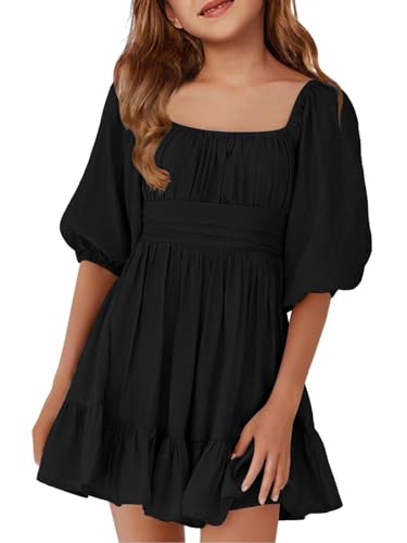 Haloumoning Mädchen Sommerkleider Kurzarm Quadratischer-Ausschnitt Schnürung Rückenfrei Rüsche A-Linie Party Minikleid, Schwarz, 6-8 Jahre von Haloumoning