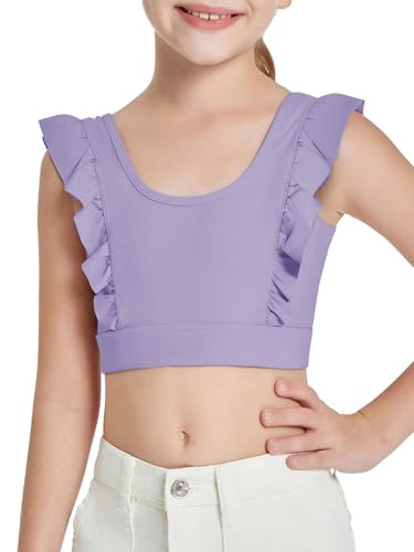 Haloumoning Mädchen Crop Top Sport BHS Rüschen Unterwäsche Fliegende Ärmelloses Ruffle Bauchfrei Yoga Ballett Tshirt für Kinder Tank Tops Lila 120 von Haloumoning