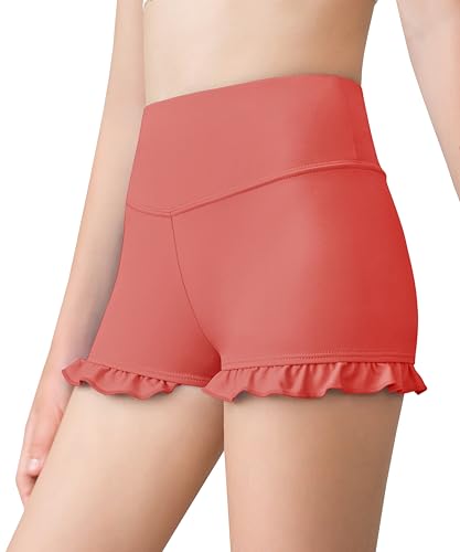Haloumoning Mädchen Sport Shorts Yoga Tanzen Kurze Hose Sommer Sportliche Rüschen Leggings High Waisted Gymnastics Hot Pants Dunkelrosa 140 von Haloumoning