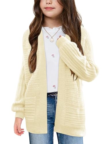 Haloumoning Mädchen Strickjacke Langarm Knitted Cardigan für Kinder Leichter Strickpullover mit Taschen Basic Strick Oberteil Strickjacken Weiß 13-14 Jahre von Haloumoning