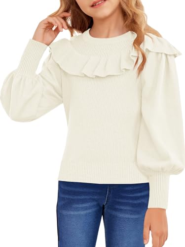 Haloumoning Mädchen Strickpullover Mode Laterne Ärmel Rüschen Pullover Kinder Rundkragen Langarm Pullover, Aprikose, 5-6 Jahre von Haloumoning