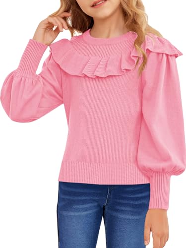 Haloumoning Mädchen Strickpullover Mode Laterne Ärmel Rüschen Pullover Kinder Rundkragen Langarm Pullover, Rosa, 11-12 Jahre von Haloumoning