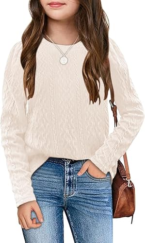 Haloumoning Mädchen Strickpullover Rundhals Gestrickt Pullover Kinder Langarm Jumper Einfarbig Herbst Winter Oberteile Knitted Sweater Beige 160 von Haloumoning