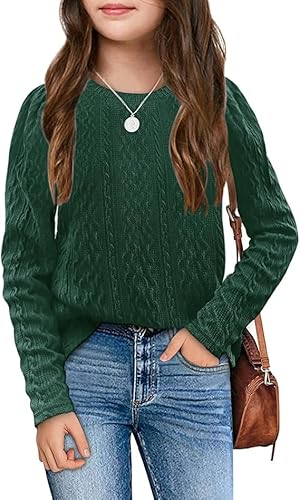 Haloumoning Mädchen Strickpullover Rundhals Gestrickt Pullover Kinder Langarm Jumper Einfarbig Herbst Winter Oberteile Knitted Sweater Grün 120 von Haloumoning