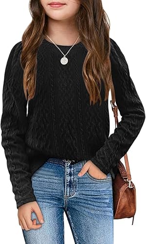 Haloumoning Mädchen Strickpullover Rundhals Gestrickt Pullover Kinder Langarm Jumper Einfarbig Herbst Winter Oberteile Knitted Sweater Schwarz 140 von Haloumoning