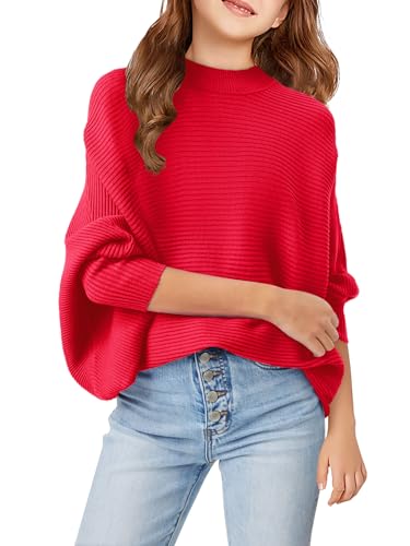 Haloumoning Mädchen Strickpullover Rundhalsausschnitt Einfarbig Pullover Kinder Batwing Langarm Pulli, Rot, 6-8 Jahre von Haloumoning