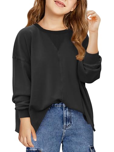 Haloumoning Mädchen Sweatshirts Casual Langarm Pullover Kinder Leichtes Rundhalsausschnitt Pullover Tops, Schwarz, 7-8 Jahre von Haloumoning