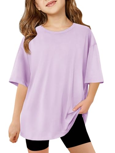Haloumoning Mädchen T-Shirt Kurzarm Kinder Sommer Oversized Tops Rundhals Lässige Oberteile Freizeit Sport Shirts Einfarbig Basic Tshirts für Mädchen 5-14 Jahre Hellviolett 150 von Haloumoning