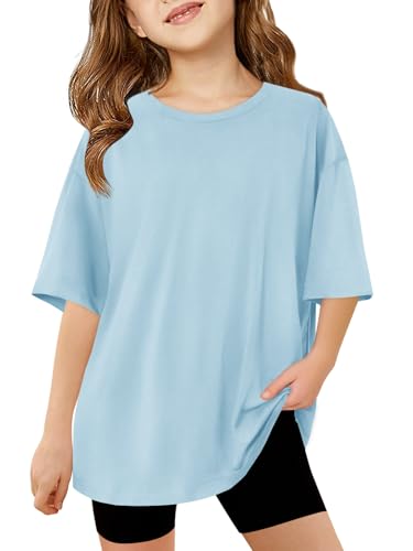 Haloumoning Mädchen T-Shirt Kurzarm Kinder Sommer Oversized Tops Rundhals Lässige Oberteile Freizeit Sport Shirts Einfarbig Basic Tshirts für Mädchen 5-14 Jahre Himmelblau 130 von Haloumoning