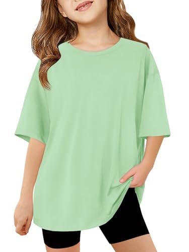 Haloumoning Mädchen T-Shirt Kurzarm Kinder Sommer Oversized Tops Rundhals Lässige Oberteile Freizeit Sport Shirts Einfarbig Basic Tshirts für Mädchen 5-14 Jahre Mintgrün 140 von Haloumoning