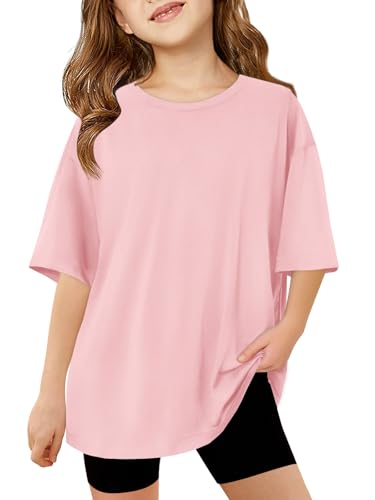 Haloumoning Mädchen T-Shirt Kurzarm Kinder Sommer Oversized Tops Rundhals Lässige Oberteile Freizeit Sport Shirts Einfarbig Basic Tshirts für Mädchen 5-14 Jahre Rosa 160 von Haloumoning