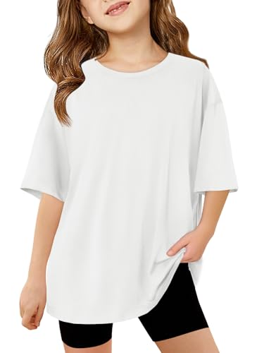 Haloumoning Mädchen T-Shirt Kurzarm Kinder Sommer Oversized Tops Rundhals Lässige Oberteile Freizeit Sport Shirts Einfarbig Basic Tshirts für Mädchen 5-14 Jahre Weiß 140 von Haloumoning