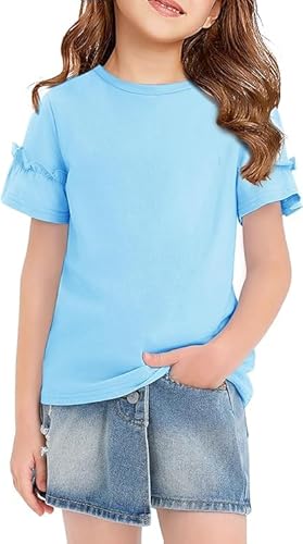 Haloumoning Mädchen T-Shirt Kurzarm Kinder Sommer Tops Rundhals Rüschen ärmeln Oberteile Freizeit Basic Baumwolle Shirt für Mädchen (7-14 Jahre) Blau 160 von Haloumoning