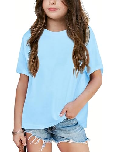 Haloumoning Mädchen T-Shirt Kurzarm Sommer Freizeit Lose Shirts Kinder Baumwolle Rundhals Einfarbig Basic Tops,Blau,6-8Jahre von Haloumoning