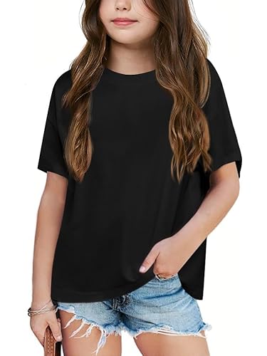 Haloumoning Mädchen T-Shirt Kurzarm Sommer Freizeit Lose Shirts Kinder Baumwolle Rundhals Einfarbig Basic Tops,Schwarz,6-8Jahre von Haloumoning