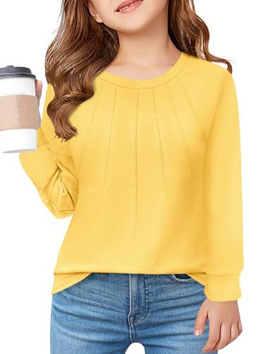 Haloumoning Mädchen T-Shirt Langarm Kinder Rundhals Tops Herbst Einfarbig Basic Langarmshirt Casual Oberteile Gelb,9-10 Jahre von Haloumoning
