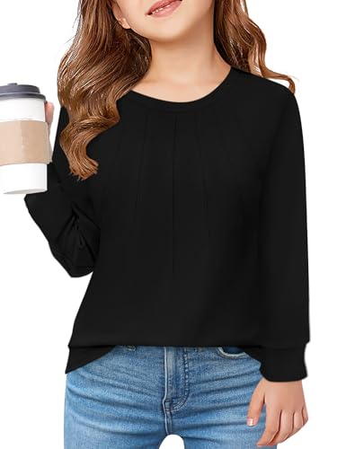 Haloumoning Mädchen T-Shirt Langarm Kinder Rundhals Tops Herbst Einfarbig Basic Langarmshirt Casual Oberteile Schwarz,10-12 Jahre von Haloumoning