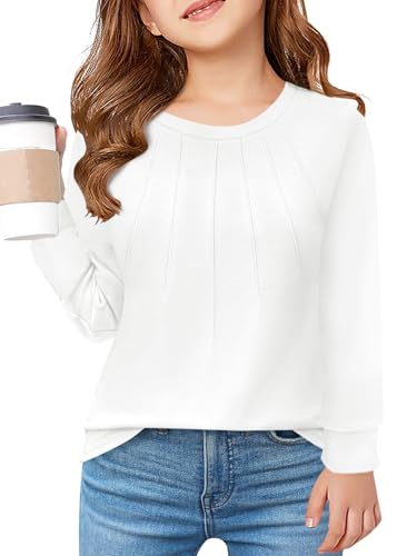 Haloumoning Mädchen T-Shirt Langarm Kinder Rundhals Tops Herbst Einfarbig Basic Langarmshirt Casual Oberteile Weiß,7-8 Jahre von Haloumoning