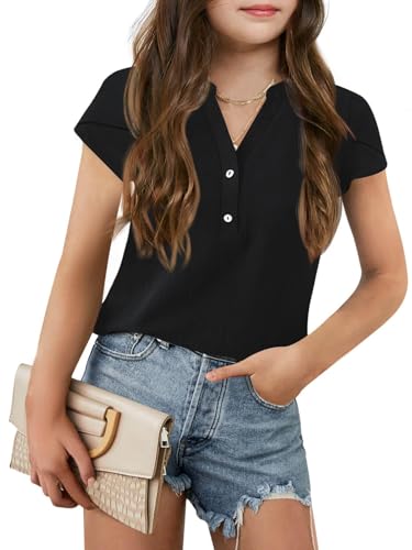 Haloumoning Mädchen T-Shirts Kurzarm Ärmel Sommer V-Ausschnitt Mode Freizeit Einfarbig Tshirt für Kinder Tops Shirts Schwarz 9-10 Jahre von Haloumoning