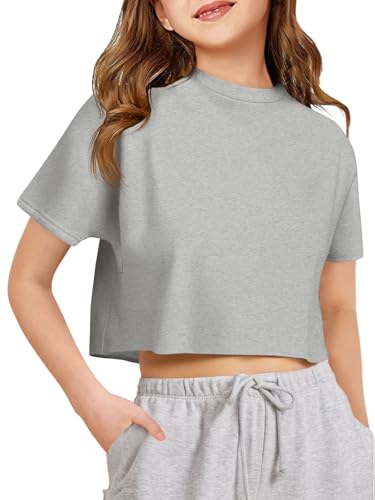 Haloumoning Mädchen T-Shirts Kurzarm Sommer Sport Tops Kinder Oversized Rundhals Einfarbig Shirts Oberteil,6-8 Jahre, Grau von Haloumoning