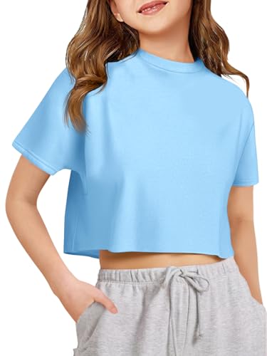 Haloumoning Mädchen T-Shirts Kurzarm Sommer Sport Tops Kinder Oversized Rundhals Einfarbig Shirts Oberteil,8-10 Jahre, Blau von Haloumoning