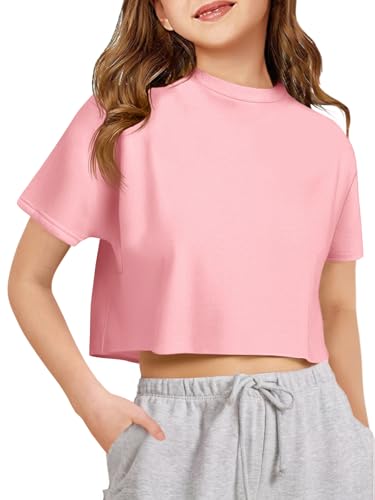 Haloumoning Mädchen T-Shirts Kurzarm Sommer Sport Tops Kinder Oversized Rundhals Einfarbig Shirts Oberteil,8-10 Jahre, Rosa von Haloumoning