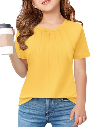 Haloumoning Mädchen T-Shirts Pleated Ärmel Sommer Rundhals Kurzarm Tops Kinder Freizeit Shirts Mode Basic Tshirt für Teenager Gelb 9-10 Jahre von Haloumoning