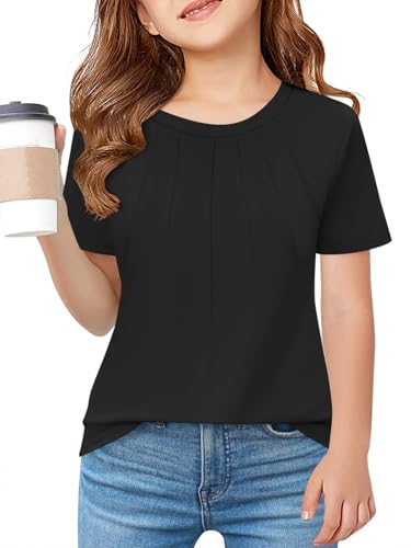 Haloumoning Mädchen T-Shirts Pleated Ärmel Sommer Rundhals Kurzarm Tops Kinder Freizeit Shirts Mode Basic Tshirt für Teenager Schwarz 7-8 Jahre von Haloumoning