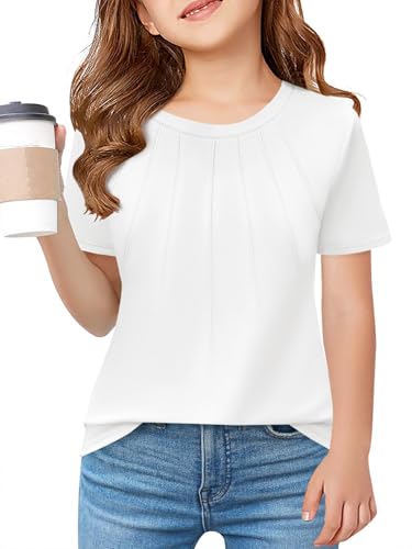 Haloumoning Mädchen T-Shirts Pleated Ärmel Sommer Rundhals Kurzarm Tops Kinder Freizeit Shirts Mode Basic Tshirt für Teenager Weiß 5-6 Jahre von Haloumoning