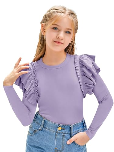 Haloumoning Mädchen T-Shirts Rüsche Langarmshirt Kinder Cute Fitted Rundhals-Oberteile Leichtgewicht Casual Tops, Violett, 3-4 Jahre von Haloumoning