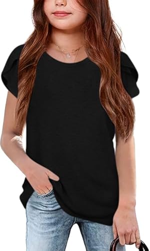 Haloumoning Mädchen T-Shirts Sommer Kurzarm Tops Casual Rundhals T Shirt Niedliche Einfarbig Oberteile, Schwarz, 5-6 Jahre von Haloumoning