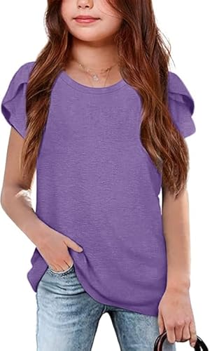Haloumoning Mädchen T-Shirts Sommer Kurzarm Tops Casual Rundhals T Shirt Niedliche Einfarbig Oberteile, Violett, 7-8 Jahre von Haloumoning
