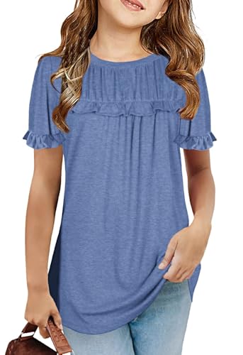 Haloumoning Mädchen T Shirts Sommer Tunika Kurzarm Rüsche Freizeitshirt Lose Tops Niedlich Kinder Weich Bluse, Blau, 12-14 Jahre von Haloumoning