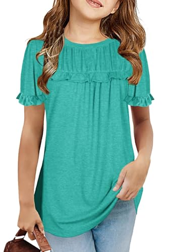 Haloumoning Mädchen T Shirts Sommer Tunika Kurzarm Rüsche Freizeitshirt Lose Tops Niedlich Kinder Weich Bluse, Grün, 6-8 Jahre von Haloumoning