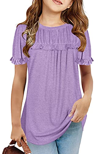Haloumoning Mädchen T Shirts Sommer Tunika Kurzarm Rüsche Freizeitshirt Lose Tops Niedlich Kinder Weich Bluse, Lila, 8-10 Jahre von Haloumoning