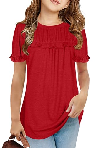 Haloumoning Mädchen T Shirts Sommer Tunika Kurzarm Rüsche Freizeitshirt Lose Tops Niedlich Kinder Weich Bluse, Rot, 10-12 Jahre von Haloumoning